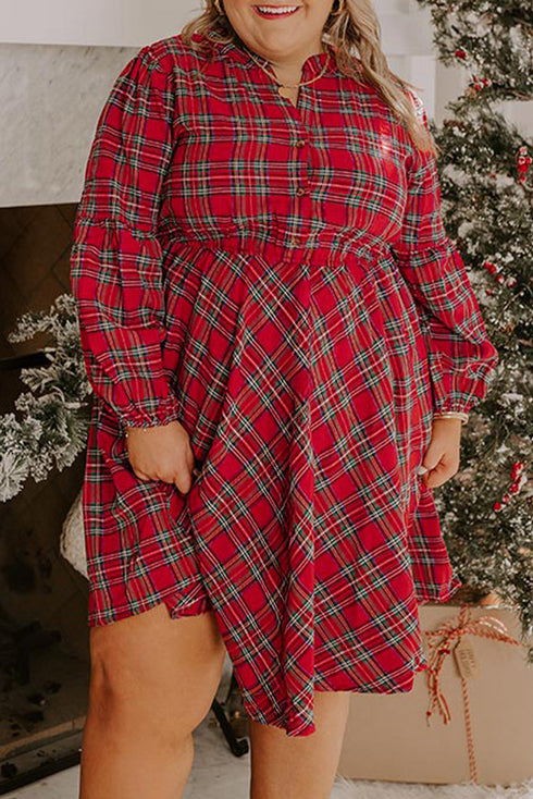 Plaid Half Button Long Sleeve A Line Mini Dress