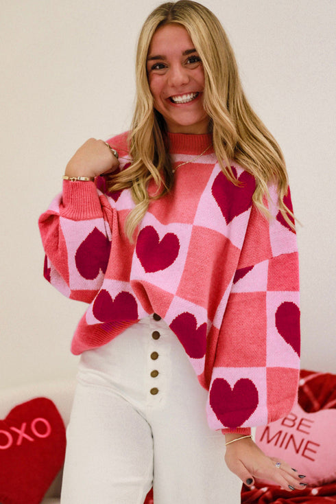 Plaid Heart Print Mock Neck Lantern Sleeve Sweater
