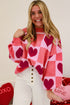 Plaid Heart Print Mock Neck Lantern Sleeve Sweater