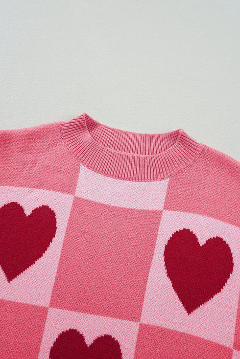 Plaid Heart Print Mock Neck Lantern Sleeve Sweater