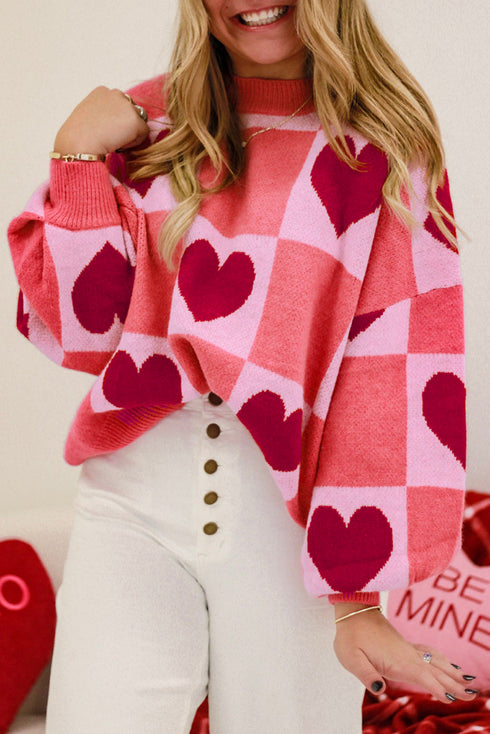 Plaid Heart Print Mock Neck Lantern Sleeve Sweater