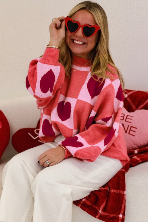Plaid Heart Print Mock Neck Lantern Sleeve Sweater