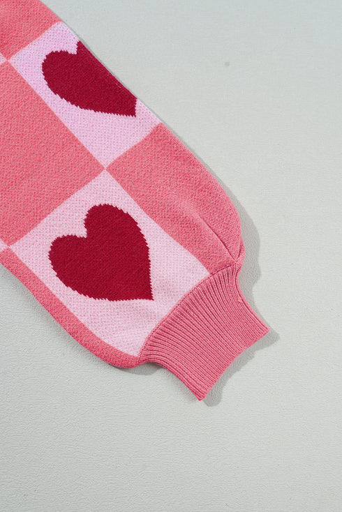 Plaid Heart Print Mock Neck Lantern Sleeve Sweater