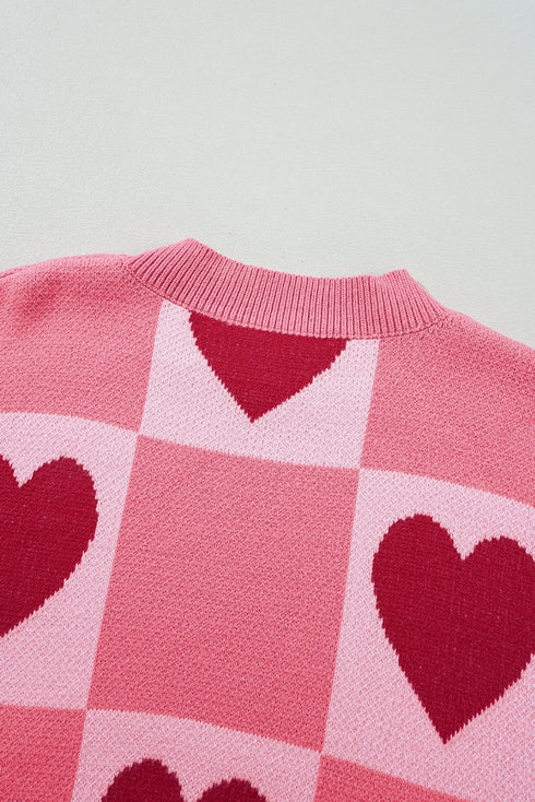 Plaid Heart Print Mock Neck Lantern Sleeve Sweater