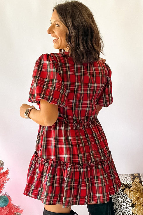 Plaid Knot Neck Short Sleeve Shift Midi Dress