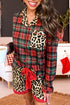 Plaid Leopard Patchwork Long Sleeve Shorts Sleepwear