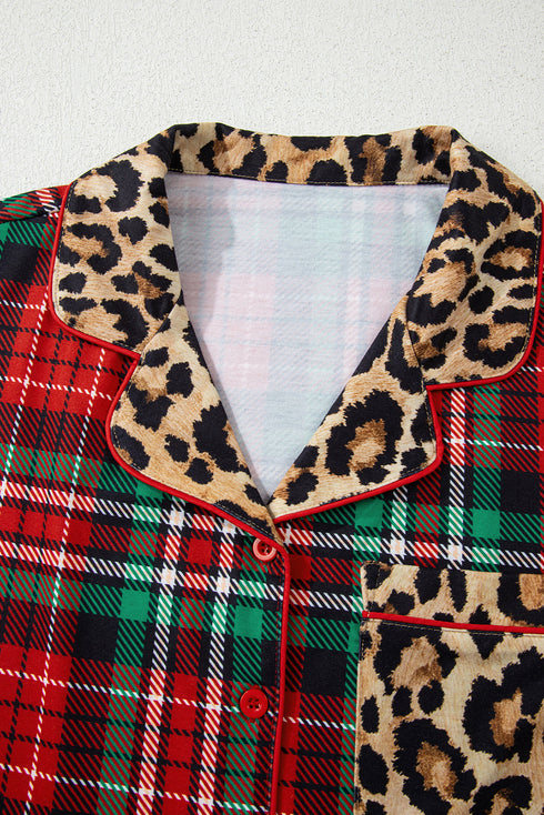 Plaid Leopard Print Patchwork Long Sleeve Shorts Sleepwear