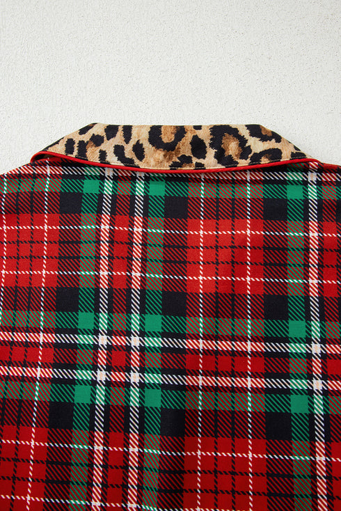Plaid Leopard Print Patchwork Long Sleeve Shorts Sleepwear