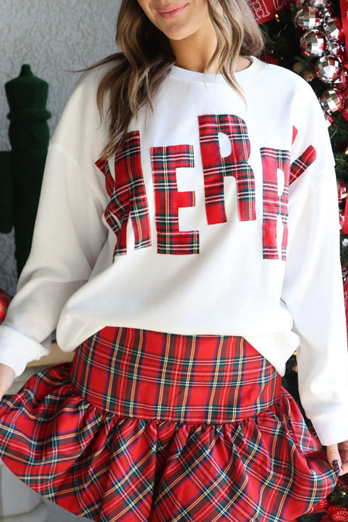Plaid Letter Merry Graphic Drop Shoulder Sweatshirt