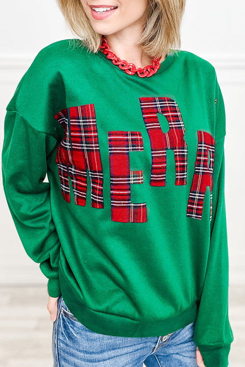 Plaid Letter Merry Graphic Drop Shoulder Sweatshirt