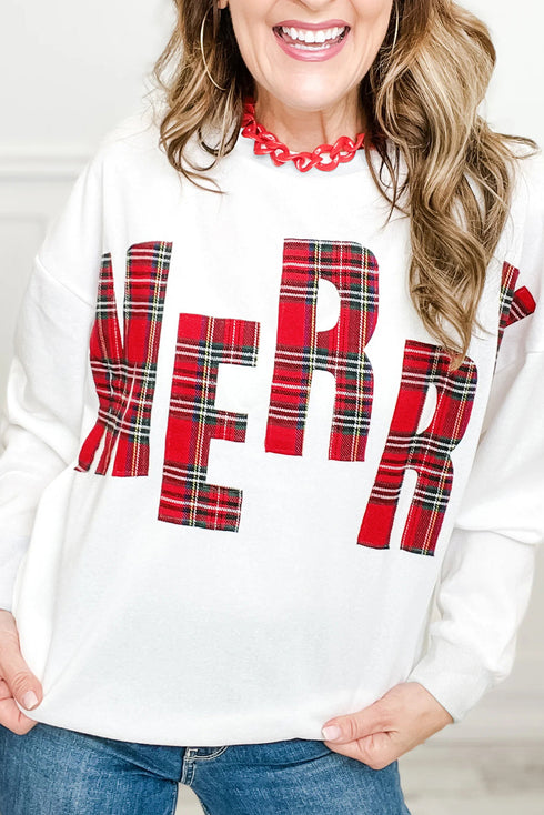 Plaid Letter Merry Graphic Drop Shoulder Sweatshirt