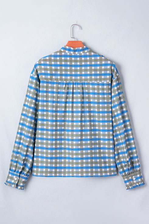 Plaid Long Sleeve Frilled Detail Half Button Blouse