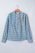 Plaid Long Sleeve Frilled Detail Half Button Blouse