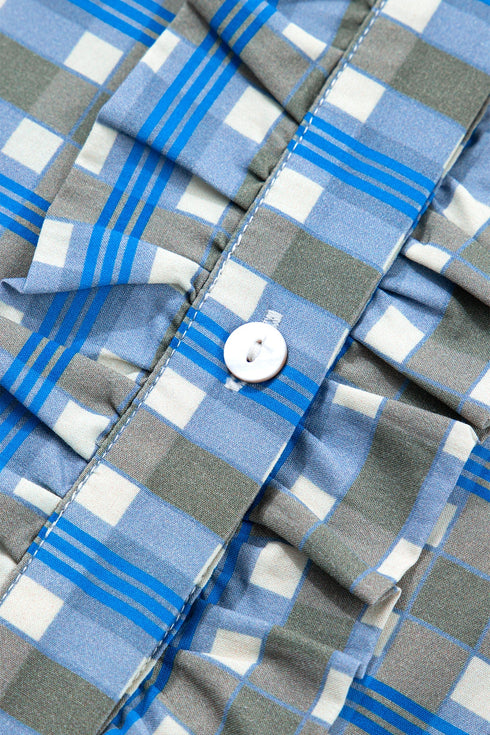 Plaid Long Sleeve Frilled Detail Half Button Blouse