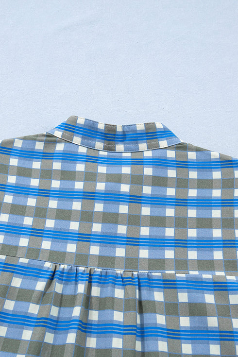 Plaid Long Sleeve Frilled Detail Half Button Blouse