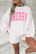 Plaid Merry Lettering Long Sleeve Top Short Graphic Set