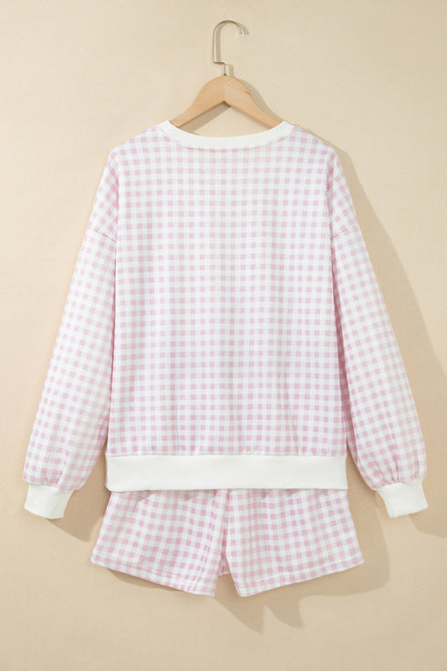 Plaid Merry Lettering Long Sleeve Top Short Graphic Set