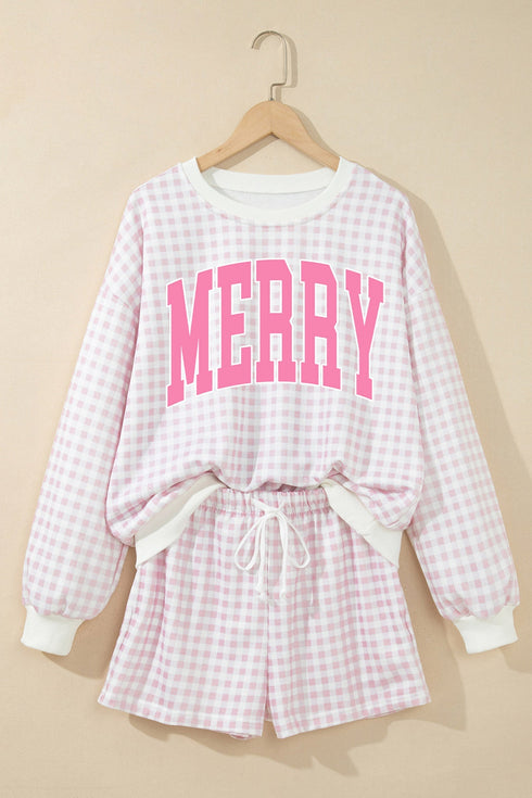 Plaid Merry Lettering Long Sleeve Top Short Graphic Set