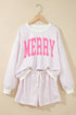 Plaid Merry Lettering Long Sleeve Top Short Graphic Set