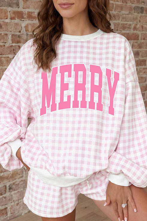 Plaid Merry Lettering Long Sleeve Top Short Graphic Set