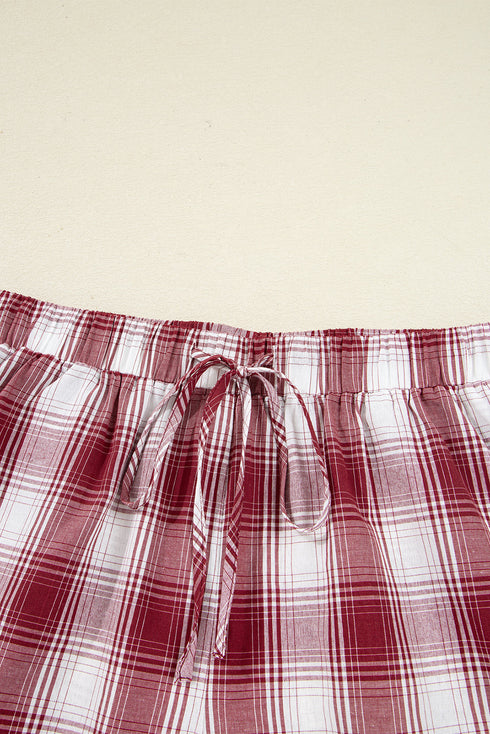 Plaid Notched Collar Contrast Piping Button Front Pocket Long Sleeve Shorts Pajama Set