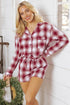 Plaid Notched Collar Contrast Piping Button Front Pocket Long Sleeve Shorts Pajama Set