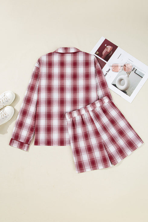 Plaid Notched Collar Contrast Piping Button Front Pocket Long Sleeve Shorts Pajama Set