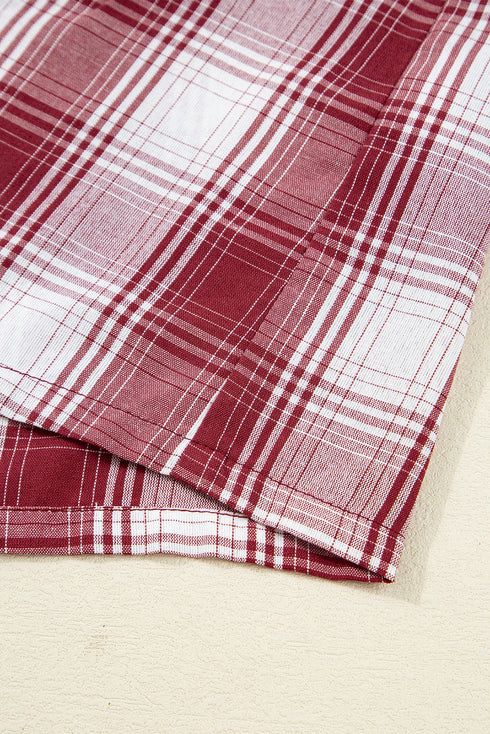 Plaid Notched Collar Contrast Piping Button Front Pocket Long Sleeve Shorts Pajama Set