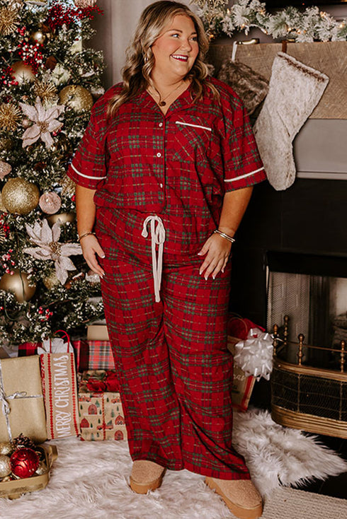 Plaid Notched Collar Short Sleeve Wide Leg Pajama Set