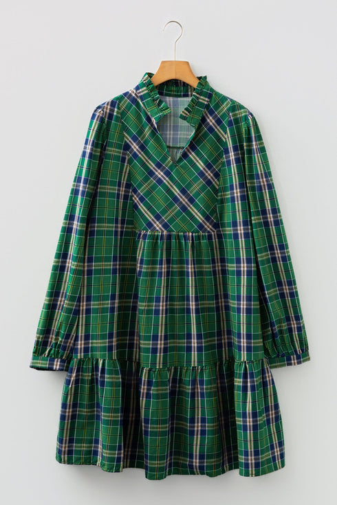 Plaid Notched Neck Long Sleeve H Line Mini Dress