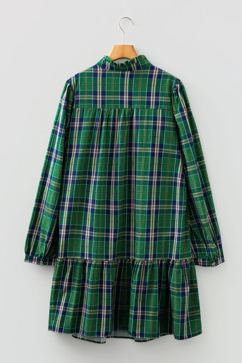 Plaid Notched Neck Long Sleeve H Line Mini Dress