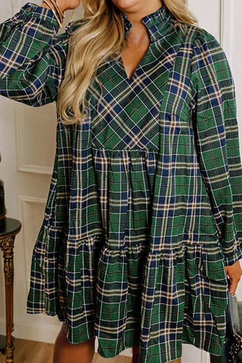 Plaid Notched Neck Long Sleeve H Line Mini Dress