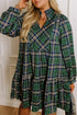 Plaid Notched Neck Long Sleeve Plus Size Shift Mini Dress