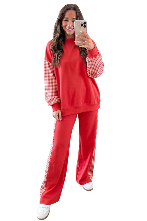 Plaid Paneled Long Sleeve Top Wide Leg Pant Set