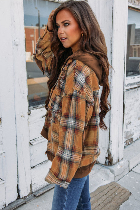Plaid Patch Hooded Frayed Snap Button Jacket