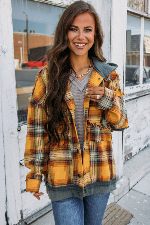 Plaid Patch Hooded Frayed Snap Button Jacket