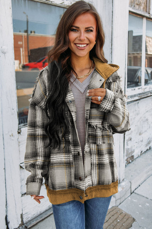 Plaid Patch Hooded Frayed Snap Button Jacket