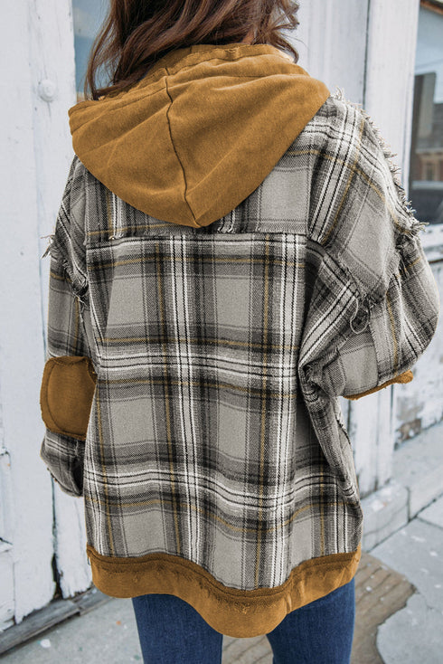 Plaid Patch Hooded Frayed Snap Button Jacket
