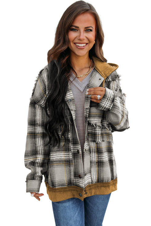 Plaid Patch Hooded Frayed Snap Button Jacket