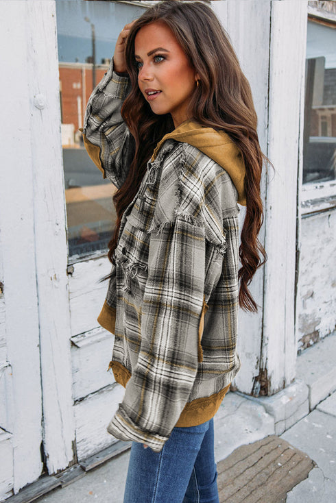 Plaid Patch Hooded Frayed Snap Button Jacket