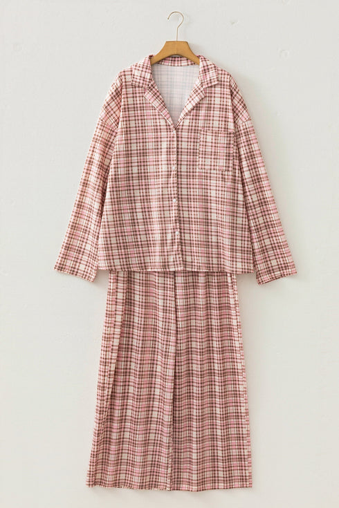 Plaid Patch Pocket Long Sleeve Lounge Set