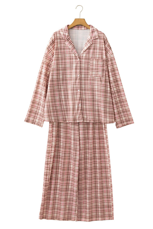 Plaid Patch Pocket Long Sleeve Lounge Set