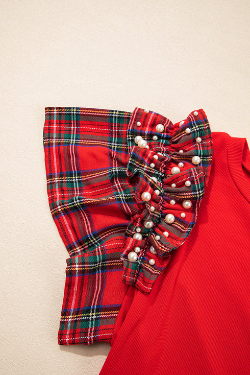 Plaid Patched Merry Pearled Ruffle Sleeve Tee