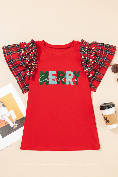 Plaid Patched Merry Pearled Ruffle Sleeve Tee