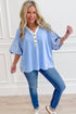 Plaid Patchwork Bubble Sleeve V Neck Blouse