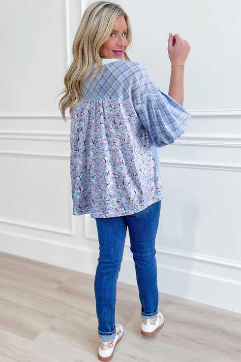 Plaid Patchwork Bubble Sleeve V Neck Blouse