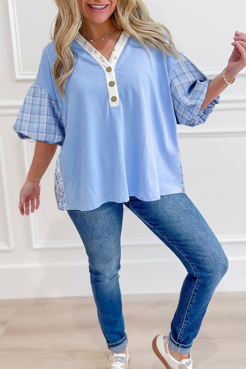 Plaid Patchwork Bubble Sleeve V Neck Blouse