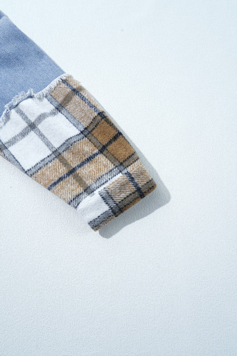 Plaid Patchwork Button Front Casual Denim Jacket