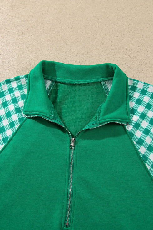 Plaid Patchwork Half Zip Pullover Short Set