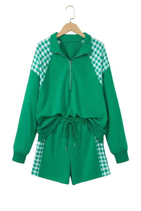 Plaid Patchwork Half Zip Pullover Short Set